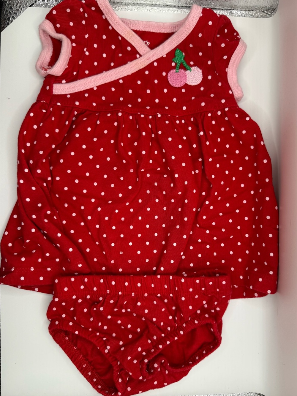Carter's Red Polka Dot Dress with Pink Trim & Cherry Patch